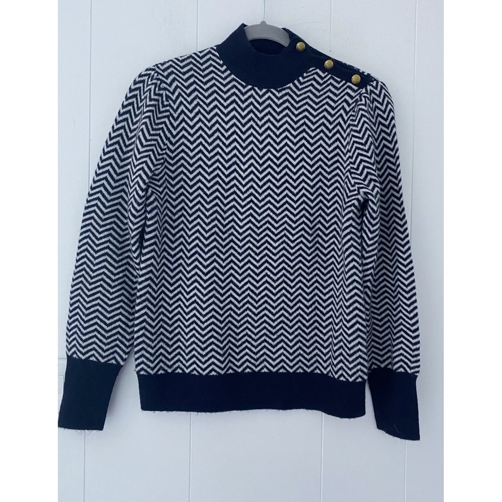 J.Crew Button Mockneck Alpaca-blend Sweater Chevron Sz Small Ivory Navy